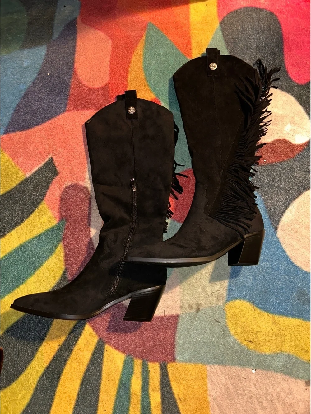 Black Suede Fringe Mid-Calf Boots with Block Heel